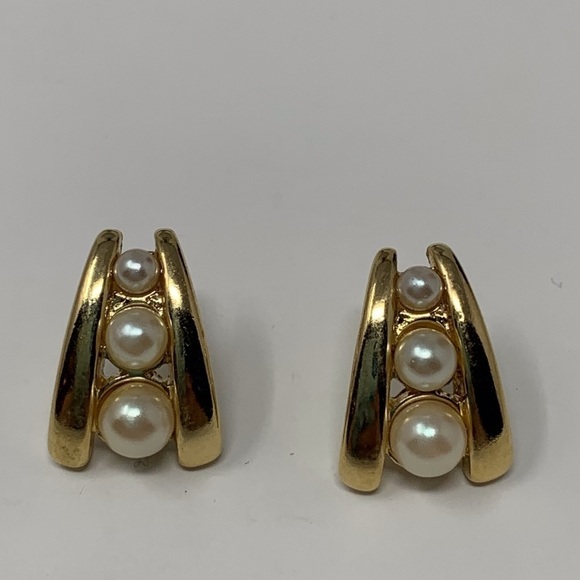Gold Tone Graduated Triple Faux Pearl Stud Earrings - Picture 2 of 4